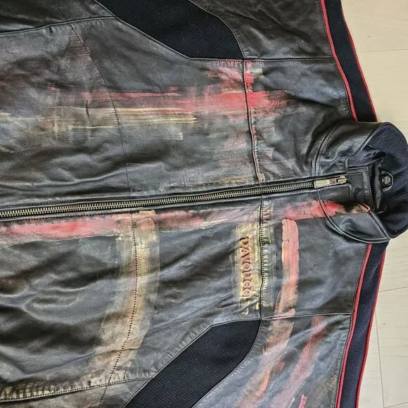 Rare Davoucci Leather Jacket Heavy Baggy Vintage Y2K Full Art Black Size XL